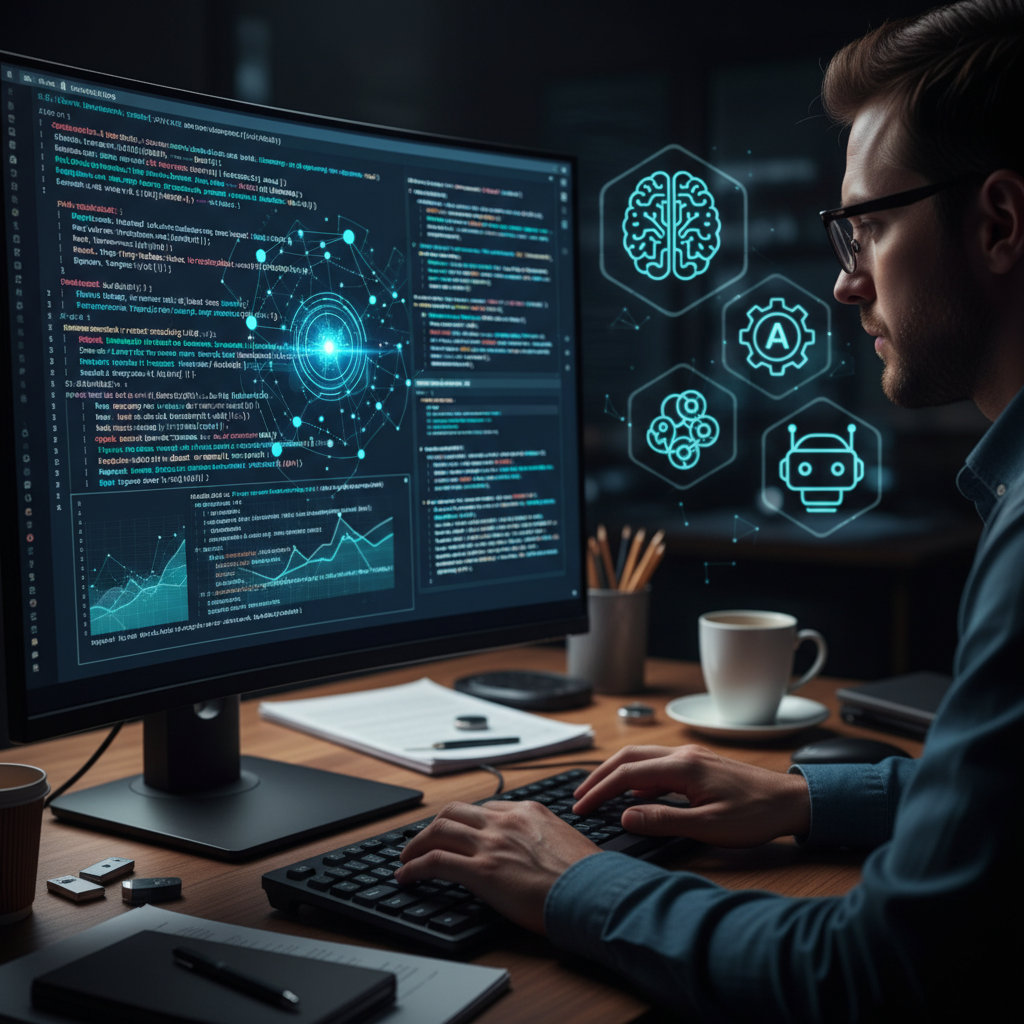 A programmer is using AI tools for data analysis.